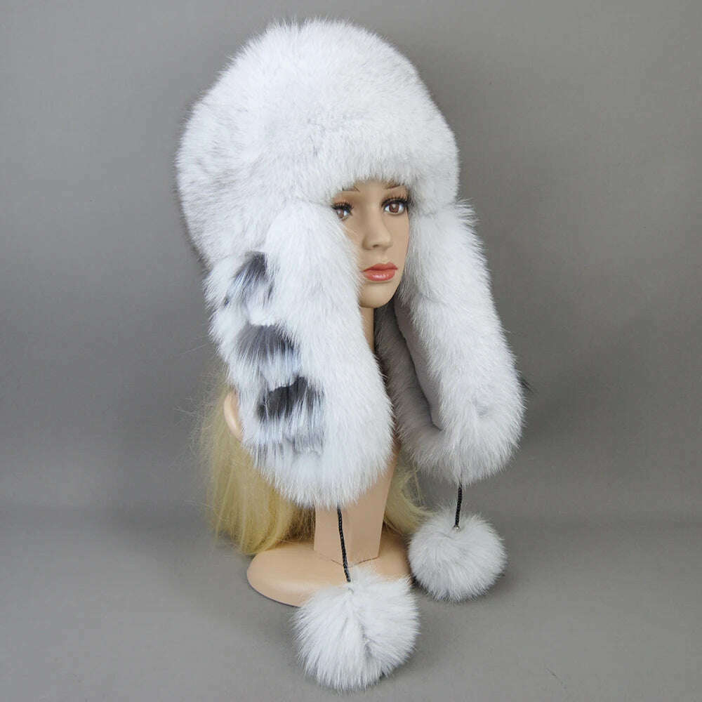 KIMLUD, Hot Sale Lady Winter Warm Luxury 100% Natural Fox Fur Hat Fashion Fluffy Fox Fur Rex Rabbit Fur Caps Women Real Fur Bomber Hats, Natural fox white / Adjustable, KIMLUD APPAREL - Womens Clothes