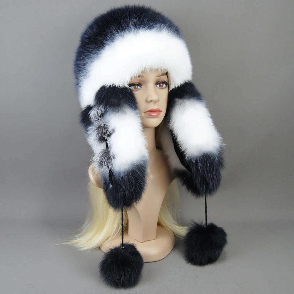 KIMLUD, Hot Sale Lady Winter Warm Luxury 100% Natural Fox Fur Hat Fashion Fluffy Fox Fur Rex Rabbit Fur Caps Women Real Fur Bomber Hats, color 1 / Adjustable, KIMLUD APPAREL - Womens Clothes