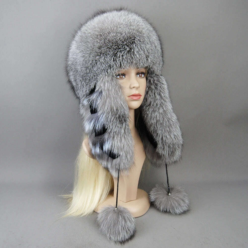 KIMLUD, Hot Sale Lady Winter Warm Luxury 100% Natural Fox Fur Hat Fashion Fluffy Fox Fur Rex Rabbit Fur Caps Women Real Fur Bomber Hats, silver blue / Adjustable, KIMLUD APPAREL - Womens Clothes