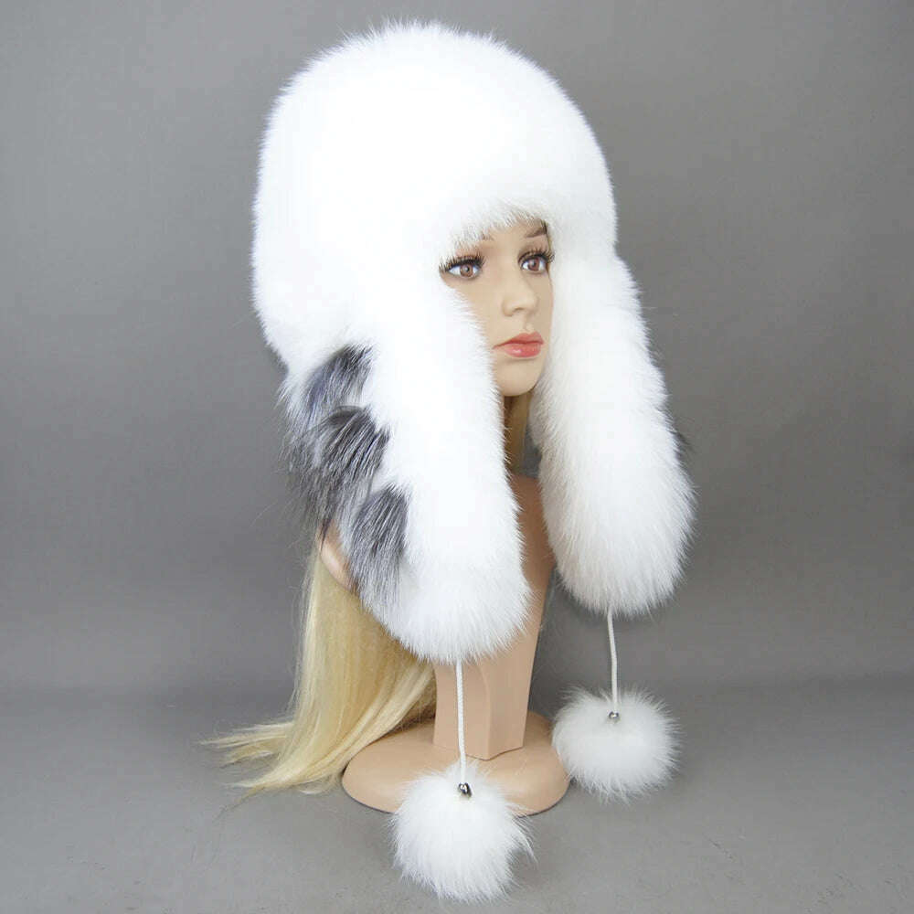 KIMLUD, Hot Sale Lady Winter Warm Luxury 100% Natural Fox Fur Hat Fashion Fluffy Fox Fur Rex Rabbit Fur Caps Women Real Fur Bomber Hats, white / Adjustable, KIMLUD APPAREL - Womens Clothes