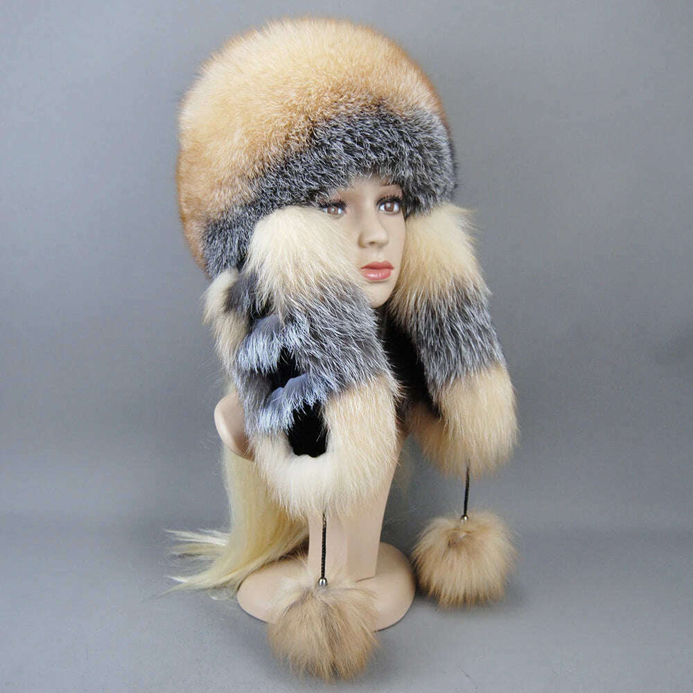 KIMLUD, Hot Sale Lady Winter Warm Luxury 100% Natural Fox Fur Hat Fashion Fluffy Fox Fur Rex Rabbit Fur Caps Women Real Fur Bomber Hats, color 2 / Adjustable, KIMLUD APPAREL - Womens Clothes