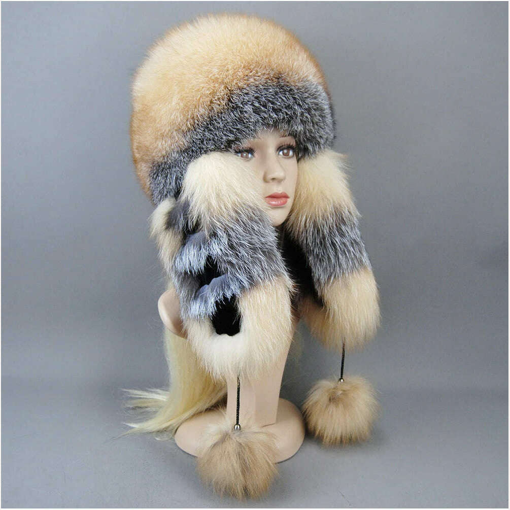 KIMLUD, Hot Sale Lady Winter Warm Luxury 100% Natural Fox Fur Hat Fashion Fluffy Fox Fur Rex Rabbit Fur Caps Women Real Fur Bomber Hats, KIMLUD Womens Clothes