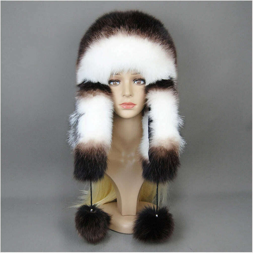 KIMLUD, Hot Sale Lady Winter Warm Luxury 100% Natural Fox Fur Hat Fashion Fluffy Fox Fur Rex Rabbit Fur Caps Women Real Fur Bomber Hats, KIMLUD Womens Clothes