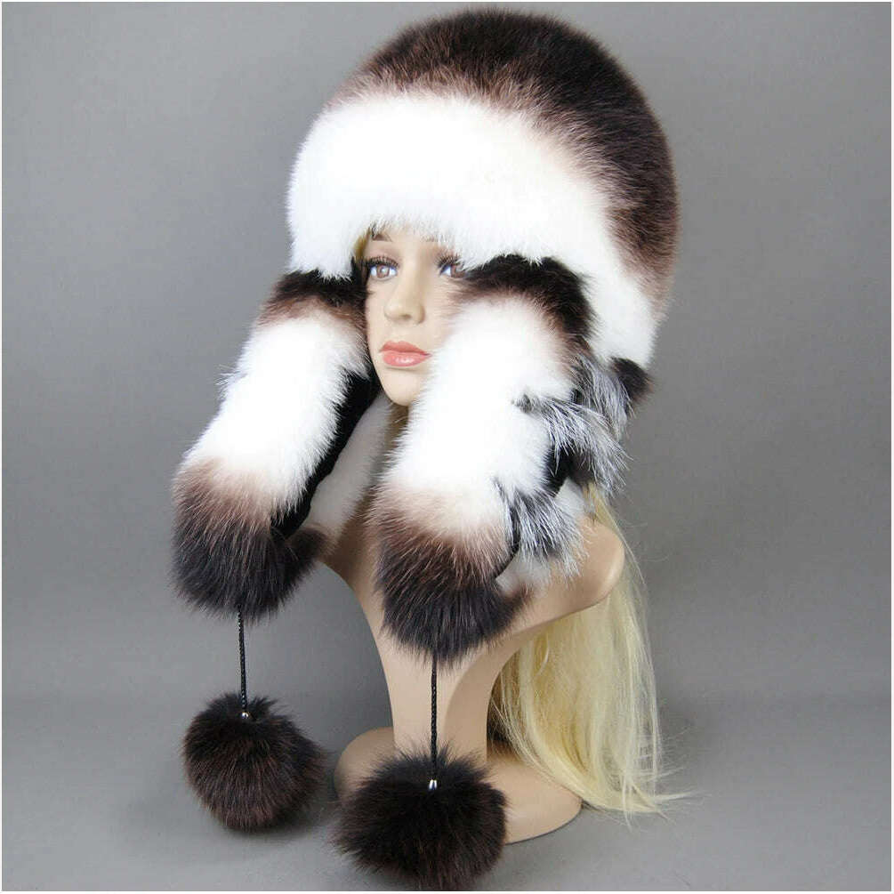 KIMLUD, Hot Sale Lady Winter Warm Luxury 100% Natural Fox Fur Hat Fashion Fluffy Fox Fur Rex Rabbit Fur Caps Women Real Fur Bomber Hats, KIMLUD Womens Clothes