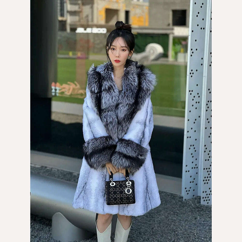 KIMLUD, Hot Sales New Real Rabbit Fur Coat Thick Warm Natural Fur Long Jacket Winter Fox Fur Collar/Cuffs Luxury Fur Belt Fashion Coat, KIMLUD Womens Clothes