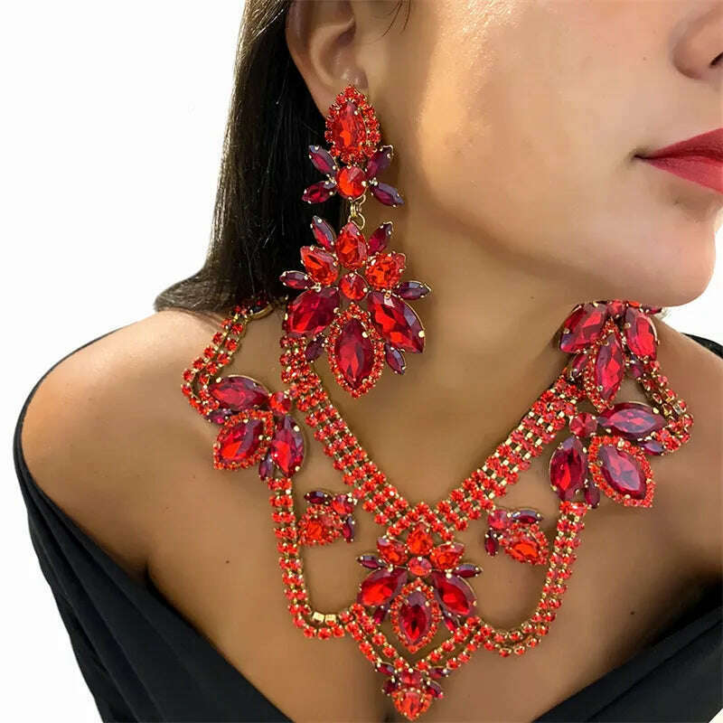 Hot selling rhinestone necklace set, exaggerated earrings in Europe and America, dress, versatile jewelry - KIMLUD