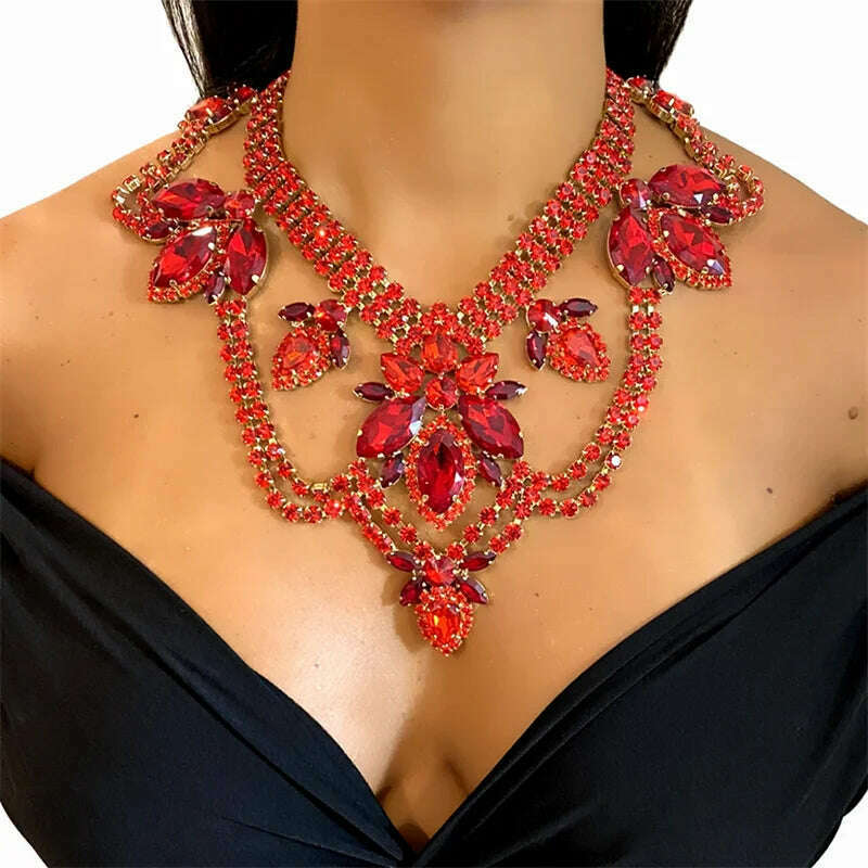 Hot selling rhinestone necklace set, exaggerated earrings in Europe and America, dress, versatile jewelry - KIMLUD