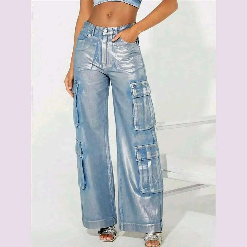 KIMLUD, Hot Silver Stretch Denim Cargo Pants Women High Waist Streetwear Hip Hop Trousers Female Big Pockets Baggy Jeans Pants, KIMLUD Womens Clothes