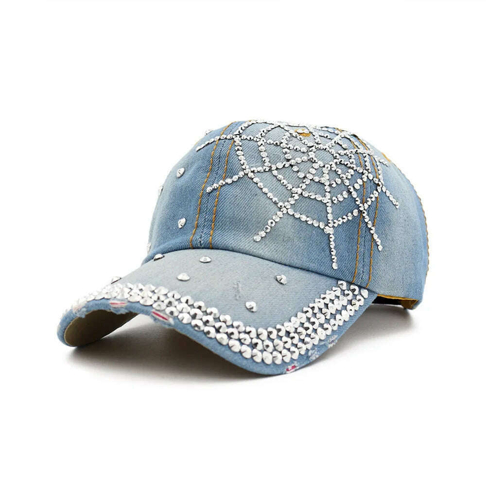 KIMLUD, Hot Wholesale 2018 Spring Summer Autumn Popular Women Girl Woman Denim Snapback Cap Rhinestone Cross Fitted Baseball Caps Hats, baby blue / m 56 58cm, KIMLUD APPAREL - Womens Clothes