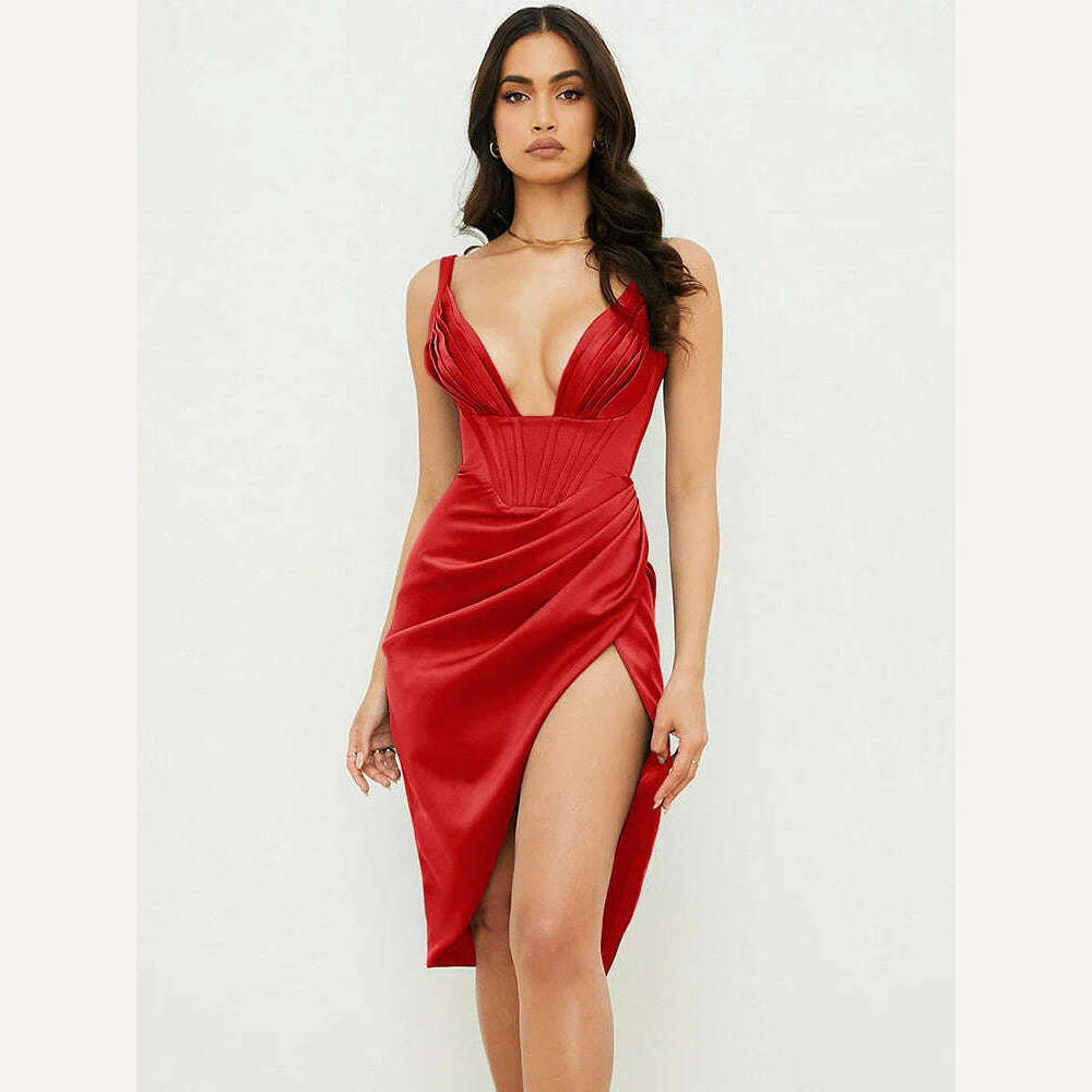 KIMLUD, HOVON Ruched Off Shoulder Party Corset Dress Boned Split Backless Sexy Bodycon Ladies Dresses 2021 Summer Night Club Midi Dress, Red 2 / S, KIMLUD APPAREL - Womens Clothes