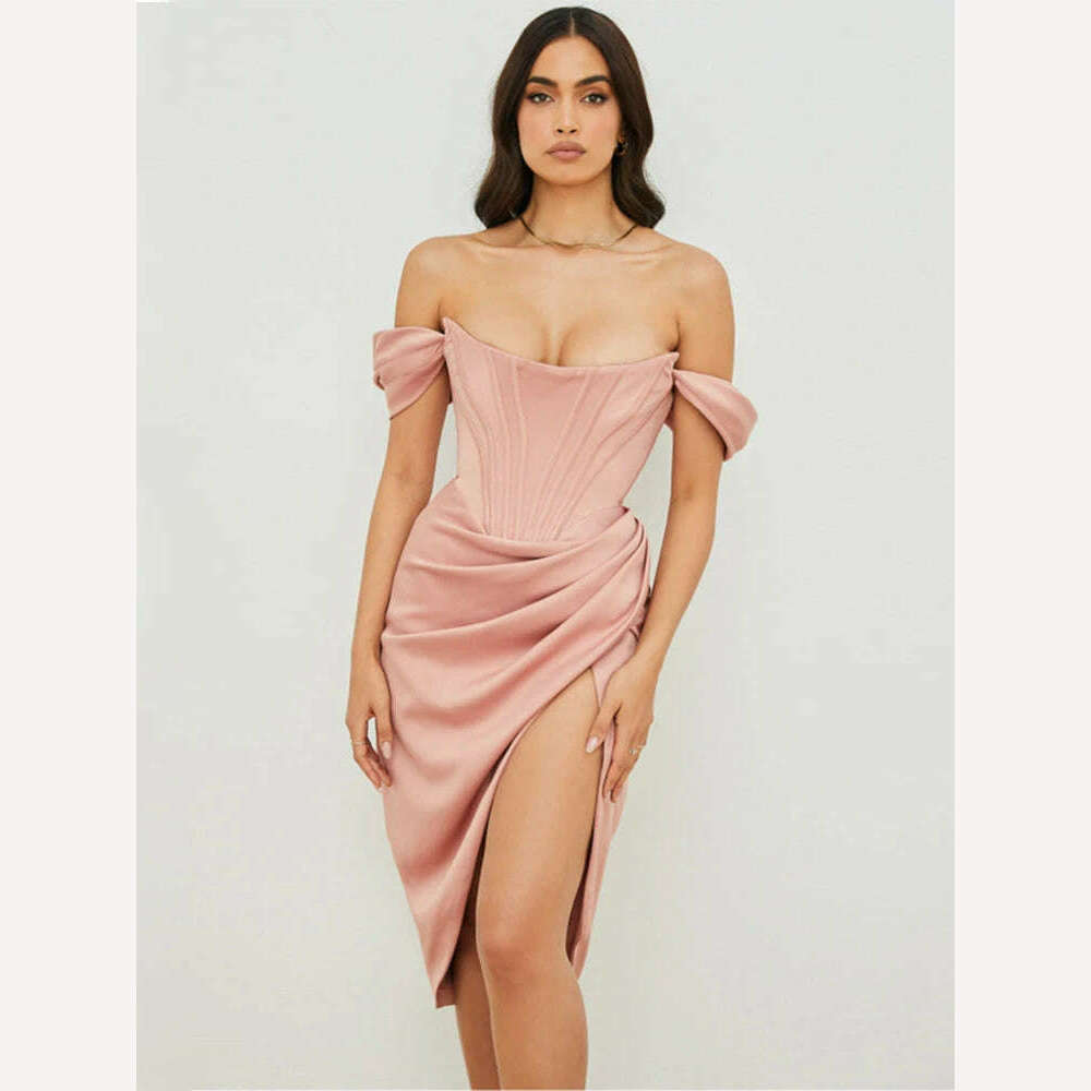 KIMLUD, HOVON Ruched Off Shoulder Party Corset Dress Boned Split Backless Sexy Bodycon Ladies Dresses 2021 Summer Night Club Midi Dress, Pink / S, KIMLUD APPAREL - Womens Clothes