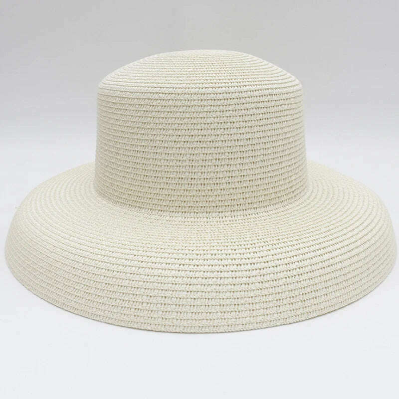 KIMLUD, HT2303 2023 New Summer Sun Hats Ladies Solid Plain Elegant Wide Brim Hat Female Round Top Panama Floppy Straw Beach Hat Women, Ivory, KIMLUD APPAREL - Womens Clothes