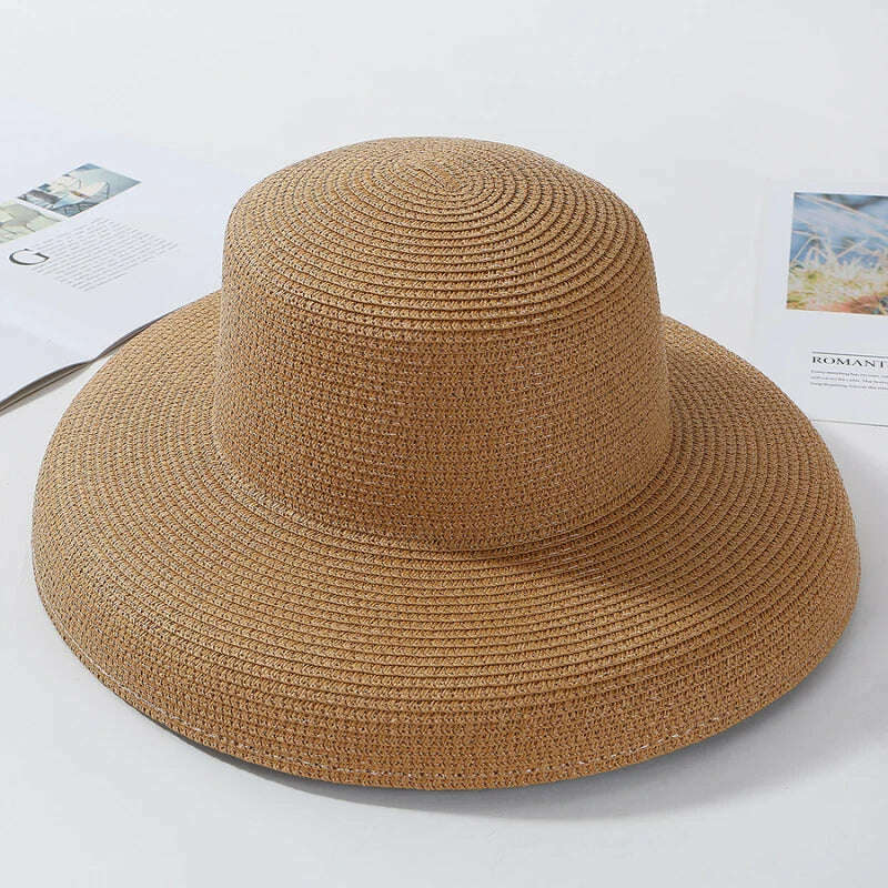 KIMLUD, HT2303 2023 New Summer Sun Hats Ladies Solid Plain Elegant Wide Brim Hat Female Round Top Panama Floppy Straw Beach Hat Women, KIMLUD Womens Clothes