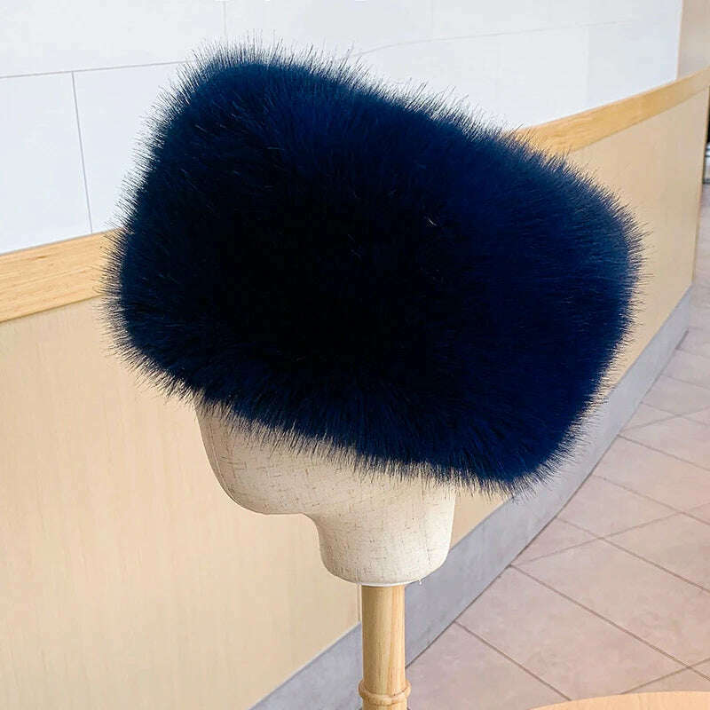 KIMLUD, HT3952 New Women Winter Hat Solid Multifunction Skullies Beanies Lady Thick Warm Fluffy Fur Hat Faux Fox Fur Bomber Hats Ushanka, Navy Blue / 56-58cm, KIMLUD APPAREL - Womens Clothes