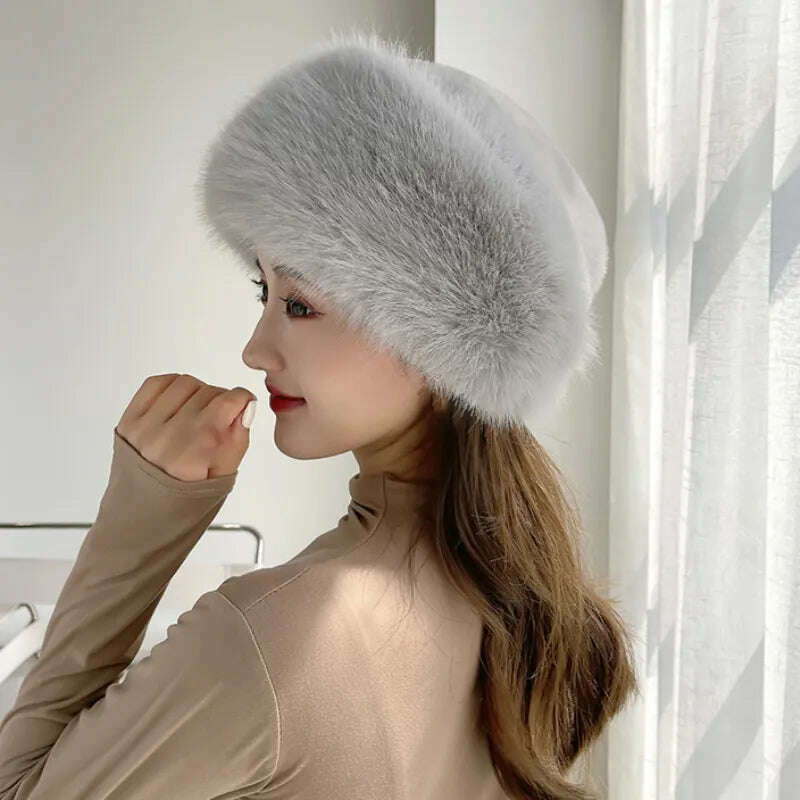 KIMLUD, HT4003 Fur Hat Women Warm Snow Ski Cap Female Faux Fox Fur Bomber Hat Lady Windproof Winter Hats for Women Russian Hat Ushanka, Gray / 56-58cm, KIMLUD APPAREL - Womens Clothes