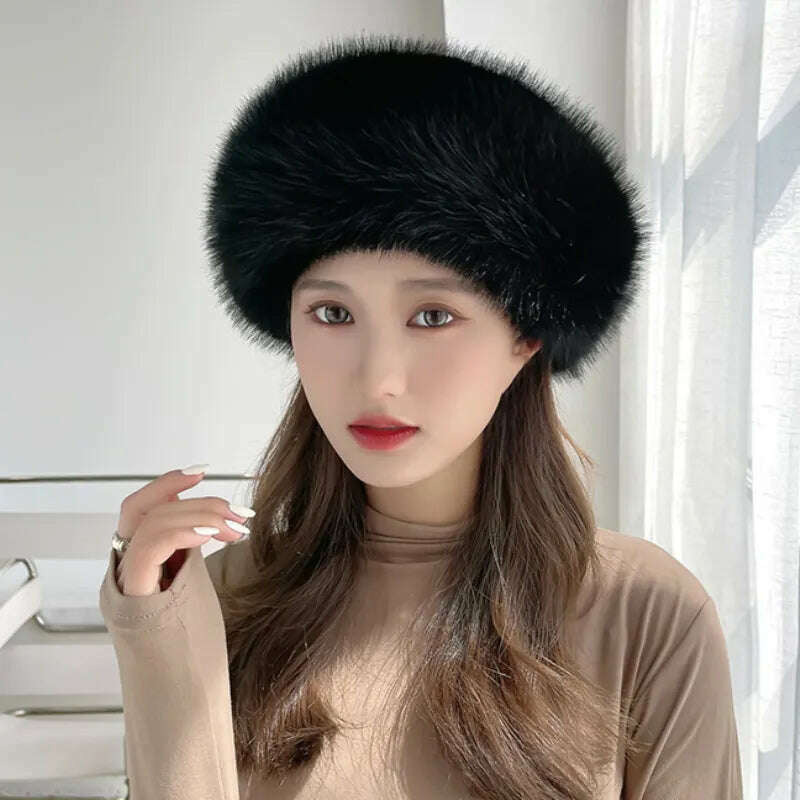 KIMLUD, HT4003 Fur Hat Women Warm Snow Ski Cap Female Faux Fox Fur Bomber Hat Lady Windproof Winter Hats for Women Russian Hat Ushanka, Black / 56-58cm, KIMLUD APPAREL - Womens Clothes