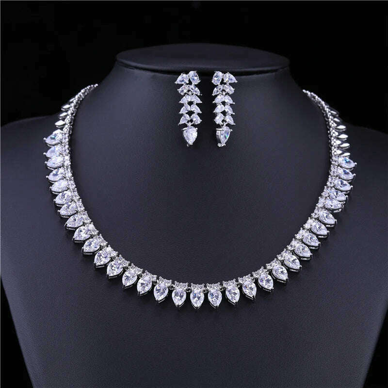 HUAMI Classic Earrings Necklace Sets Bridal Jewelry Wedding Round Chain Leaf Necklace Fashion Joyeria Fina Para Mujer Gift - KIMLUD