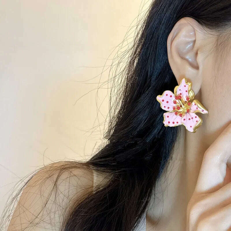 KIMLUD, HUANZHI Enamel Pink Flower Stud Earring Irregular Petal Vintage Drip Oil Elegant Sweet Jewerly Gift for Women Girls, KIMLUD Womens Clothes