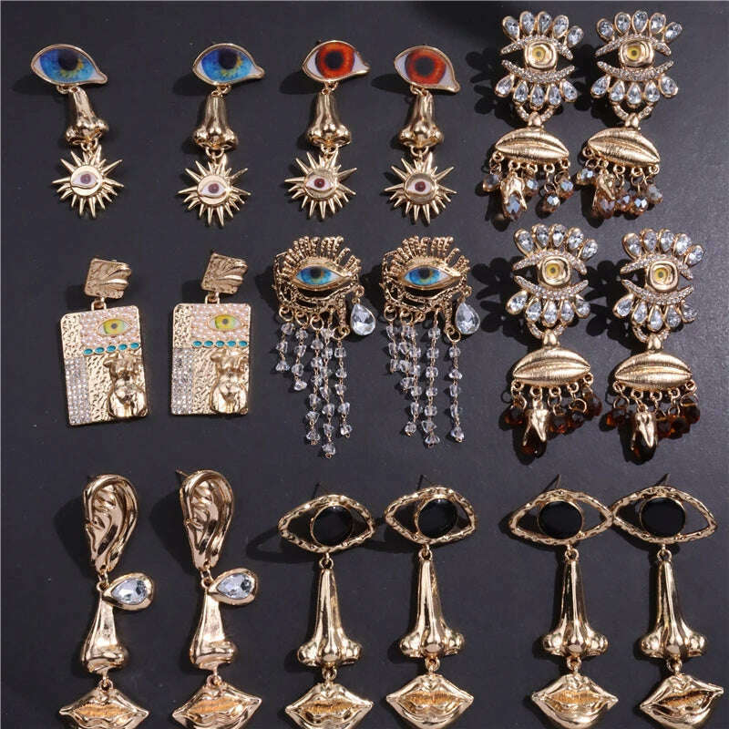 HUANZHI New Lips Nose Evil Eyes Earrings for Women Crystal Long Drop Tassel Pearl Vintage Ethnic Chunky Exaggerated Irregular Je - KIMLUD