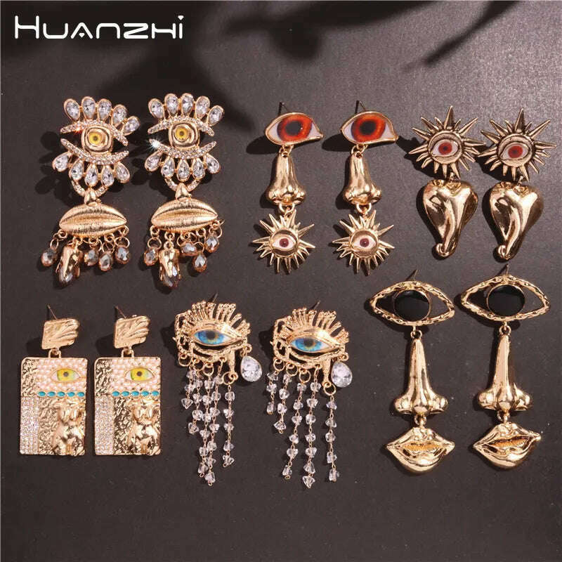 HUANZHI New Lips Nose Evil Eyes Earrings for Women Crystal Long Drop Tassel Pearl Vintage Ethnic Chunky Exaggerated Irregular Je - KIMLUD