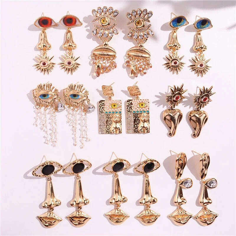 HUANZHI New Lips Nose Evil Eyes Earrings for Women Crystal Long Drop Tassel Pearl Vintage Ethnic Chunky Exaggerated Irregular Je - KIMLUD