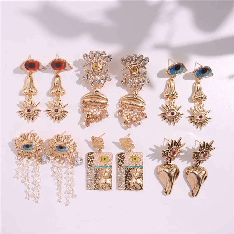 HUANZHI New Lips Nose Evil Eyes Earrings for Women Crystal Long Drop Tassel Pearl Vintage Ethnic Chunky Exaggerated Irregular Je - KIMLUD