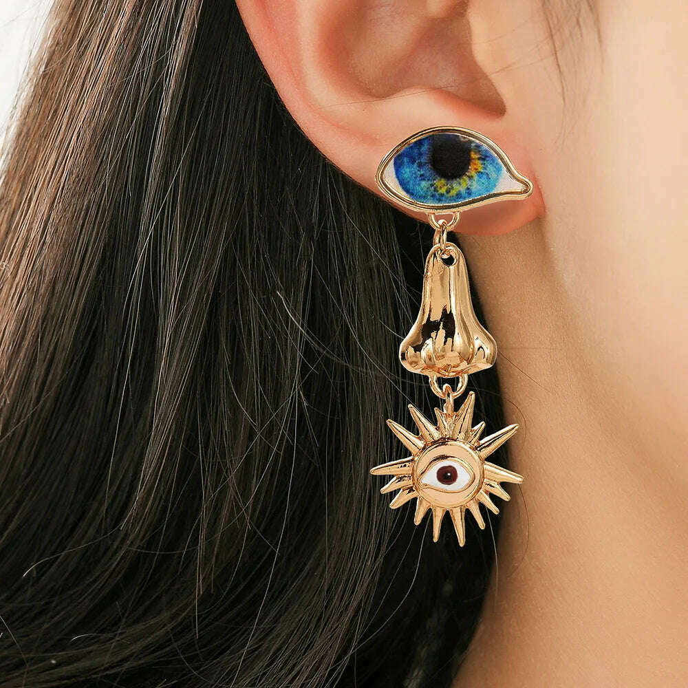 HUANZHI New Lips Nose Evil Eyes Earrings for Women Crystal Long Drop Tassel Pearl Vintage Ethnic Chunky Exaggerated Irregular Je - KIMLUD