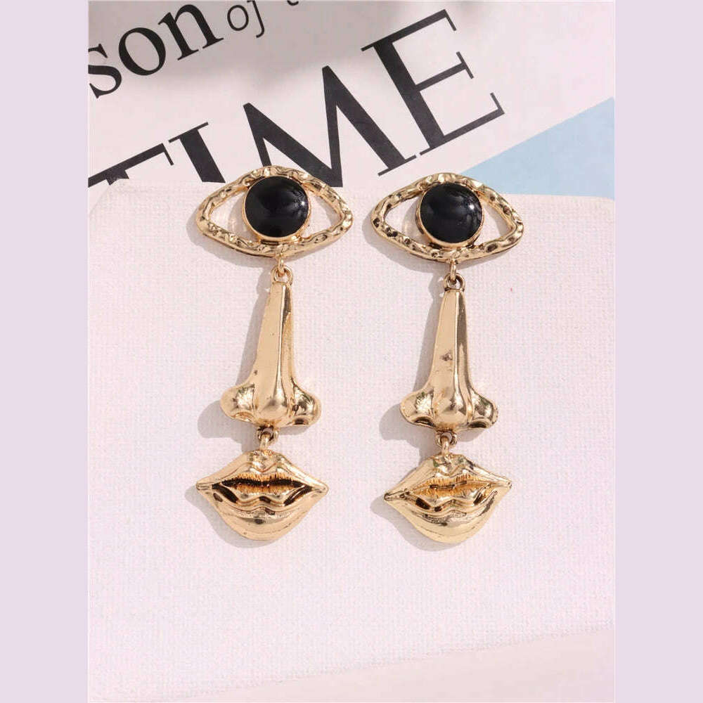 HUANZHI New Lips Nose Evil Eyes Earrings for Women Crystal Long Drop Tassel Pearl Vintage Ethnic Chunky Exaggerated Irregular Je - KIMLUD
