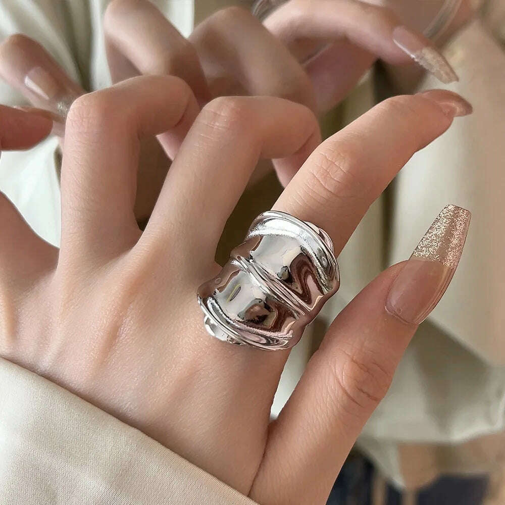 KIMLUD, HUANZHI Wide Pleated Irregular Glossy Metal Open Chunky Ring for Women Girls Retro Hip-hop Index Finger Jewelry Gifts 2024 New, KIMLUD Womens Clothes