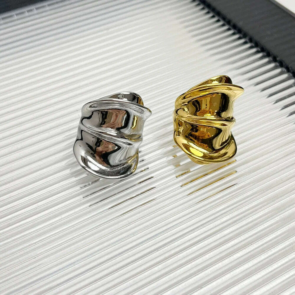 HUANZHI Wide Pleated Irregular Glossy Metal Open Chunky Ring for Women Girls Retro Hip-hop Index Finger Jewelry Gifts 2024 New - KIMLUD