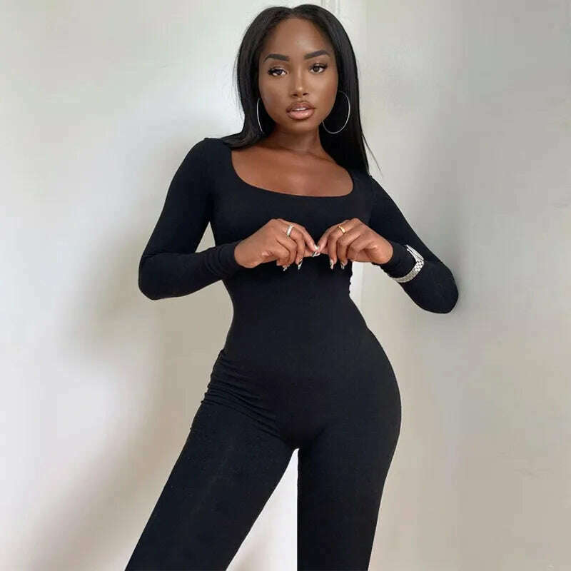 KIMLUD, Hugcitar 2023 Long Sleeve Slash Neck Skinny Solid Stretchy Bodycon Jumpsuits Autumn Winter Women Fashion Streetwear Outfits Romp, black / M, KIMLUD APPAREL - Womens Clothes