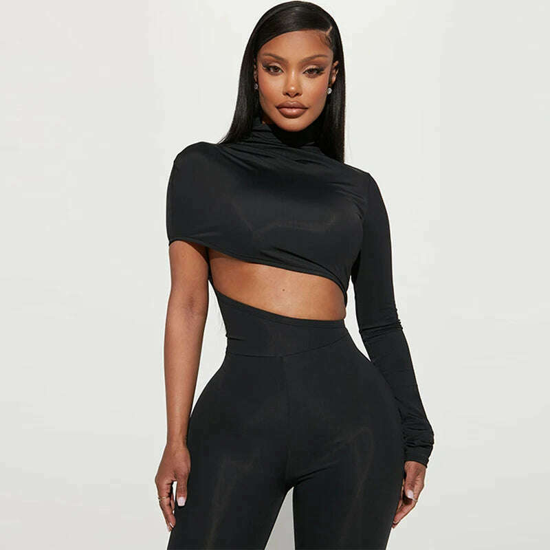 KIMLUD, Hugcitar Black Long Sleeve Asymmetrical Hollow Out Zip Up Sexy Bodycon Jumpsuit Summer Women Party Nightclub Romper Overalls Y2K, KIMLUD Womens Clothes