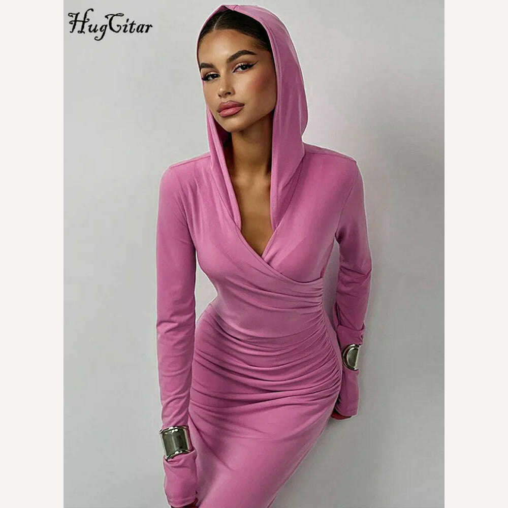 KIMLUD, Hugcitar Solid Hoodies V Neck Long Sleeve Draped Sexy Slim Maxi Dress 2023 Winter Women Fashion Y2K Outfits Streetwear Party, KIMLUD Womens Clothes