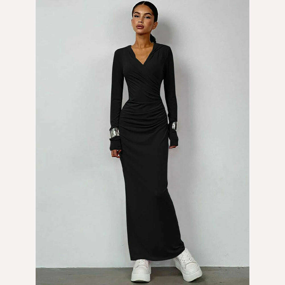 KIMLUD, Hugcitar Solid Hoodies V Neck Long Sleeve Draped Sexy Slim Maxi Dress 2023 Winter Women Fashion Y2K Outfits Streetwear Party, black / S, KIMLUD APPAREL - Womens Clothes