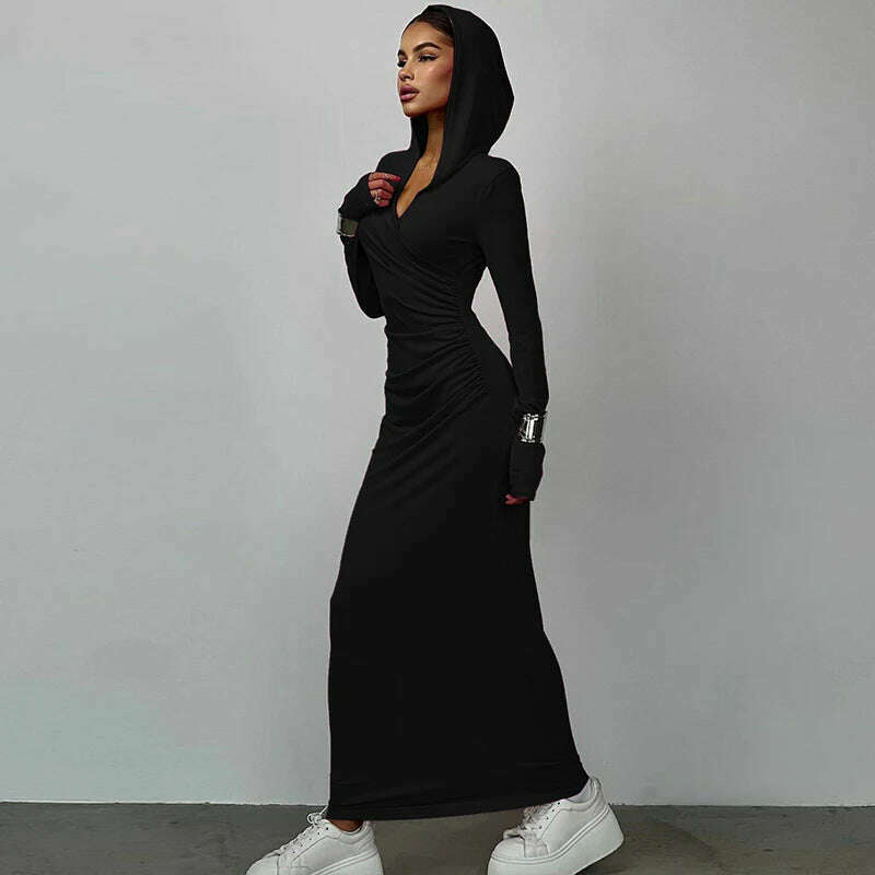 KIMLUD, Hugcitar Solid Hoodies V Neck Long Sleeve Draped Sexy Slim Maxi Dress 2023 Winter Women Fashion Y2K Outfits Streetwear Party, KIMLUD Womens Clothes