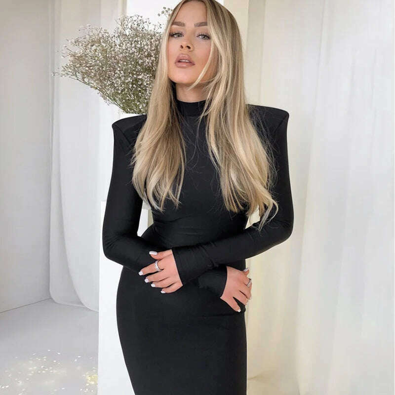 KIMLUD, Hugcitar Solid Long Sleeve With Shoulder Pads Turtleneck Maxi Dress 2022 New Year Women Fashion Streetwear Elegant Skinny, KIMLUD Womens Clothes