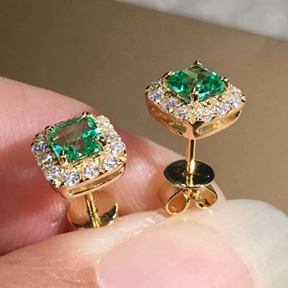 KIMLUD, Huitan Eternity Green CZ Stud Earrings for Women Gold Color Luxury Bride Wedding Earrings Elegant Ear Accessories Party Jewelry, E2136, KIMLUD APPAREL - Womens Clothes