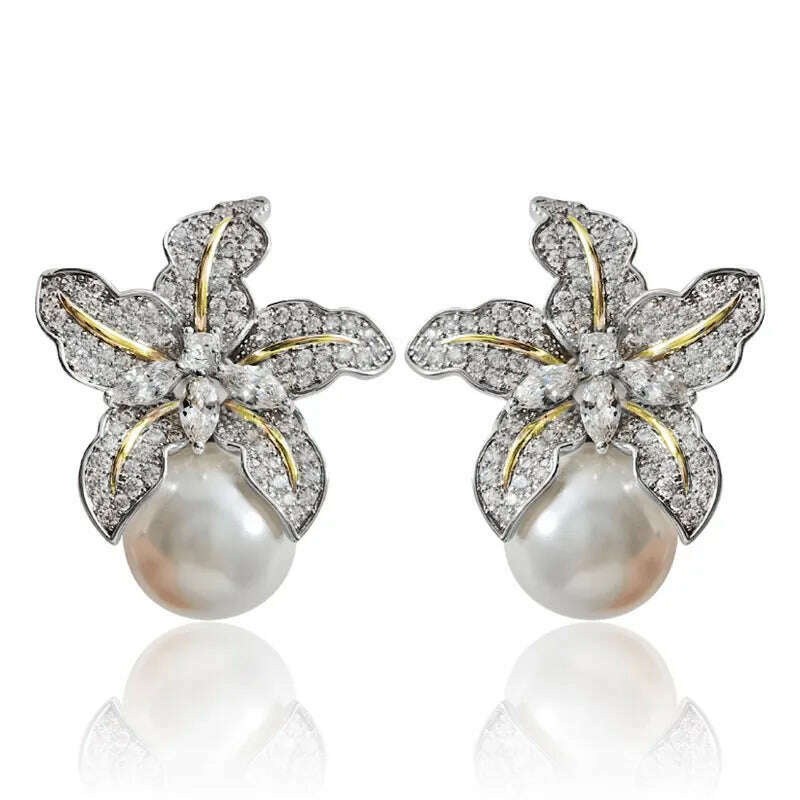 Huitan Gorgeous Flower Imitation Pearl Earrings Women Luxury Inlaid Sparkling CZ Stone Fashion Wedding Jewelry Wholesale Lots - KIMLUD