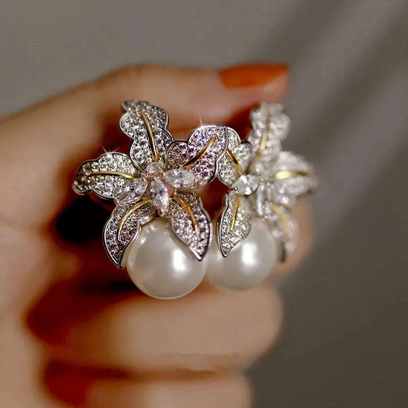 Huitan Gorgeous Flower Imitation Pearl Earrings Women Luxury Inlaid Sparkling CZ Stone Fashion Wedding Jewelry Wholesale Lots - KIMLUD