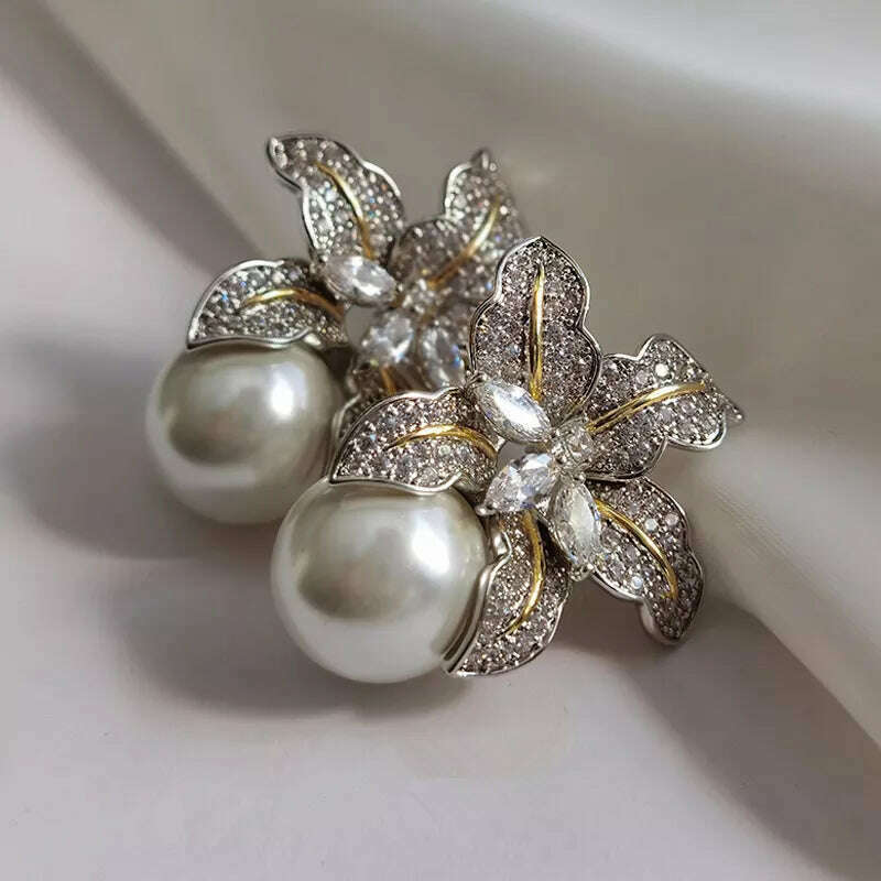 Huitan Gorgeous Flower Imitation Pearl Earrings Women Luxury Inlaid Sparkling CZ Stone Fashion Wedding Jewelry Wholesale Lots - KIMLUD