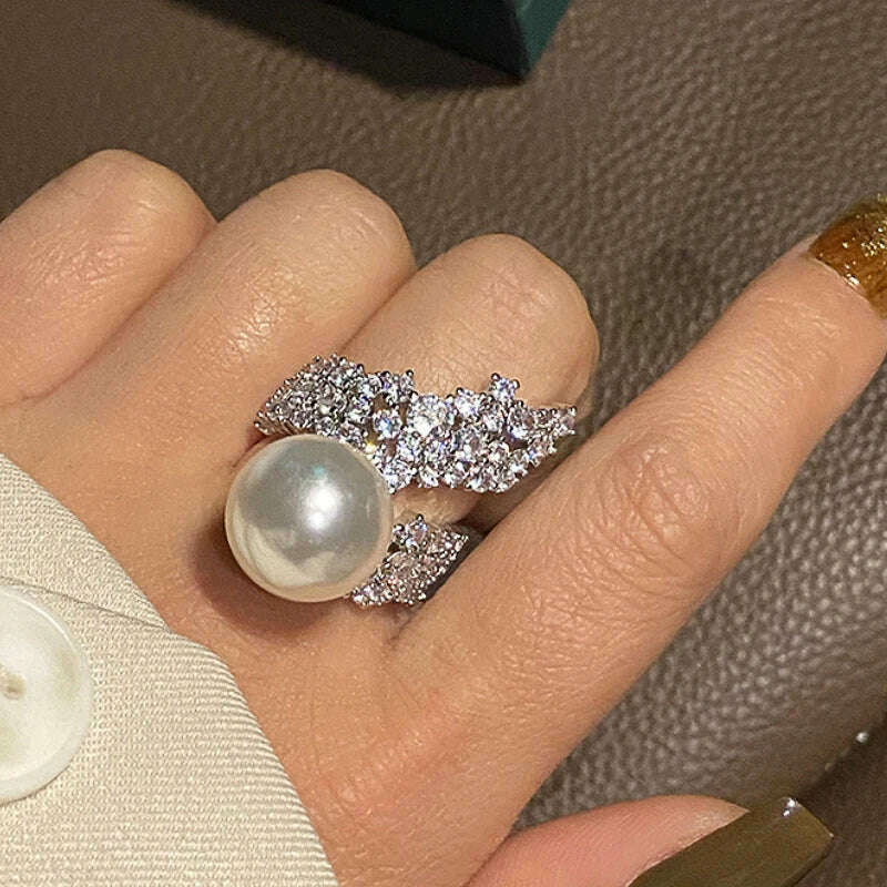 Huitan Gorgeous Graceful Simulated Pearl Finger Ring Female Wedding Party Jewelry with Brilliant Zirconia Luxury Accessories - KIMLUD