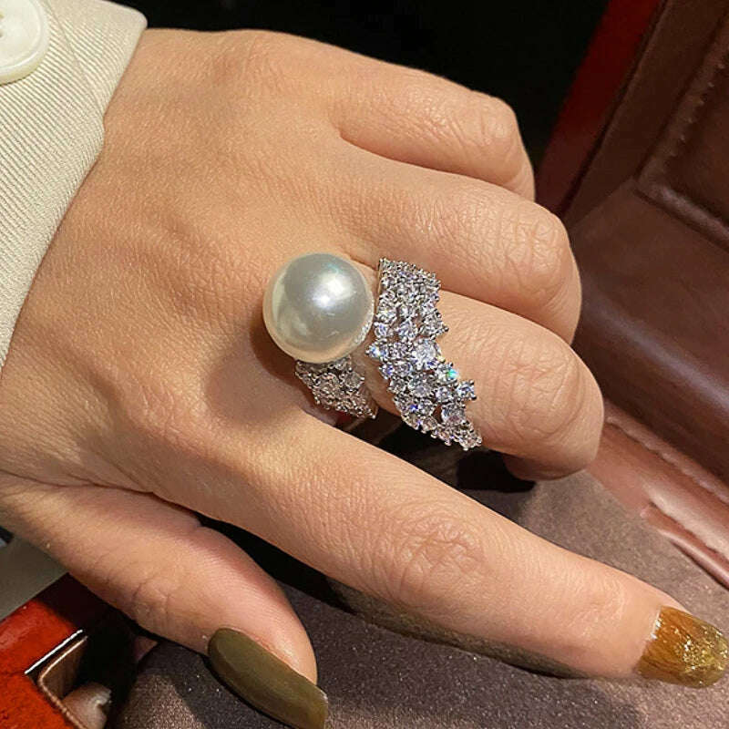 KIMLUD, Huitan Gorgeous Graceful Simulated Pearl Finger Ring Female Wedding Party Jewelry with Brilliant Zirconia Luxury Accessories, KIMLUD Womens Clothes