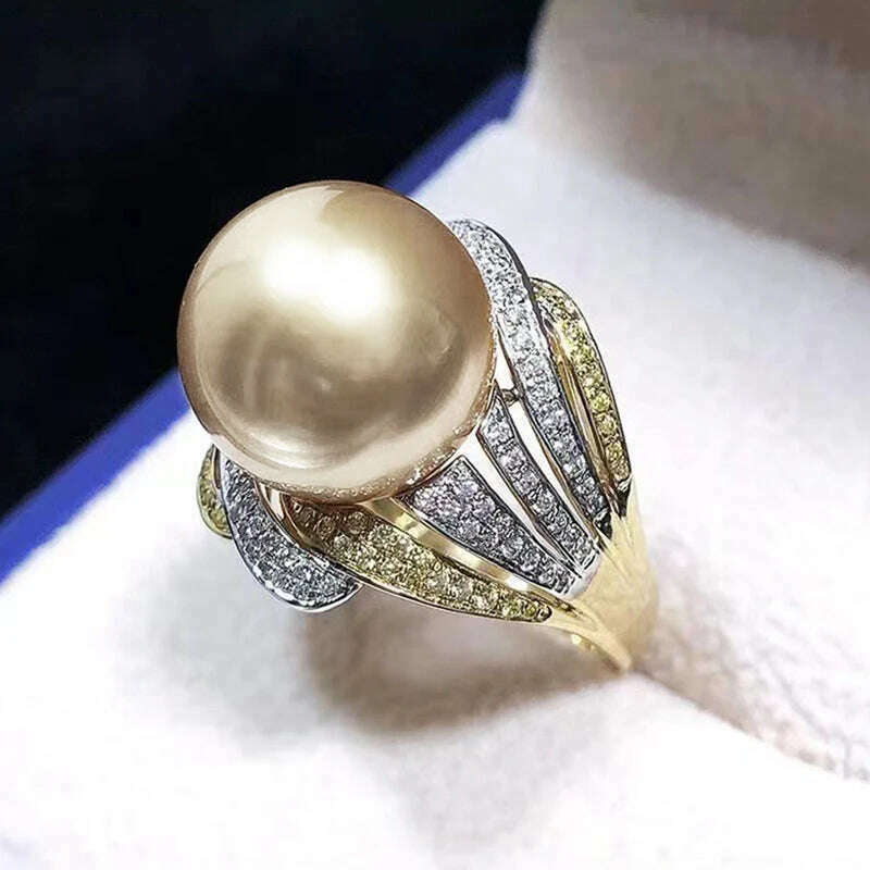 Huitan Luxury Champagne Simulated Pearl Ring Female Party Jewelry with Brilliant Zirconia Fashion Two-tone Style Accessories - KIMLUD