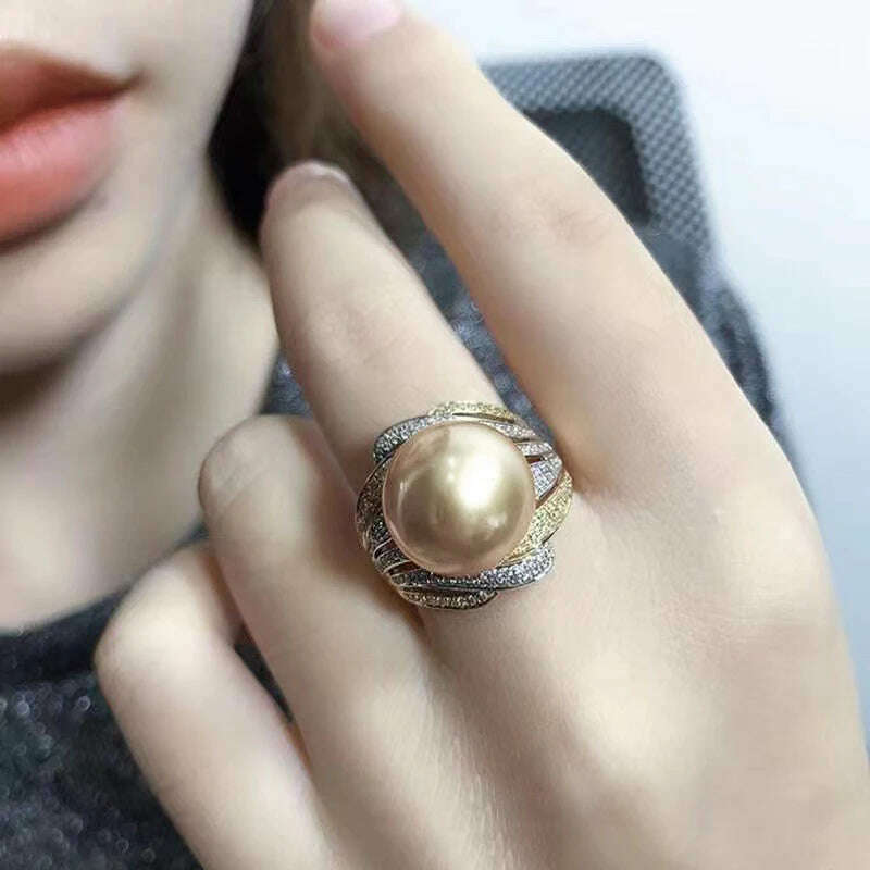 KIMLUD, Huitan Luxury Champagne Simulated Pearl Ring Female Party Jewelry with Brilliant Zirconia Fashion Two-tone Style Accessories, KIMLUD Womens Clothes