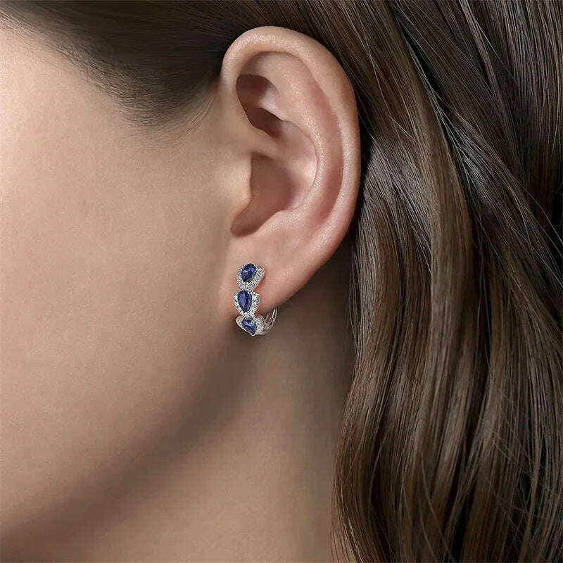 Huitan Luxury Trendy Blue Cubic Zirconia Hoop Earrings Wedding Party Elegant Accessories for Women Anniversary Gift New Jewelry - KIMLUD