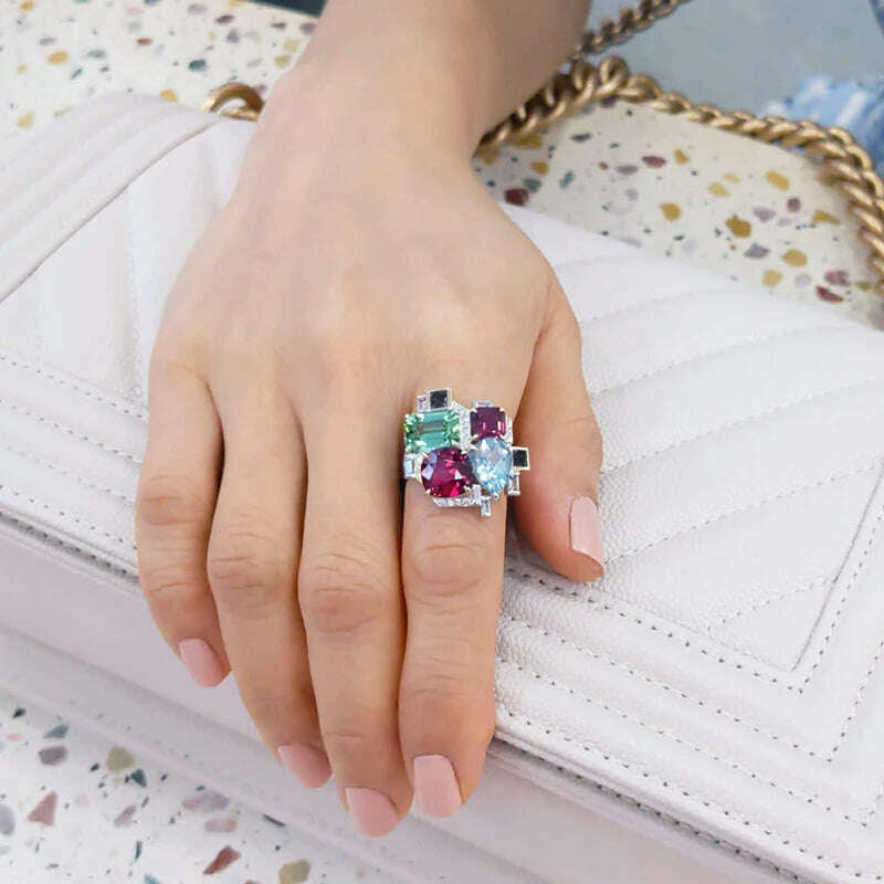 Huitan New Colorful Cubic Zirconia Women Rings for Party Two Tone Personality Female Finger Rings Gorgeous Jewelry Drop Shipping - KIMLUD