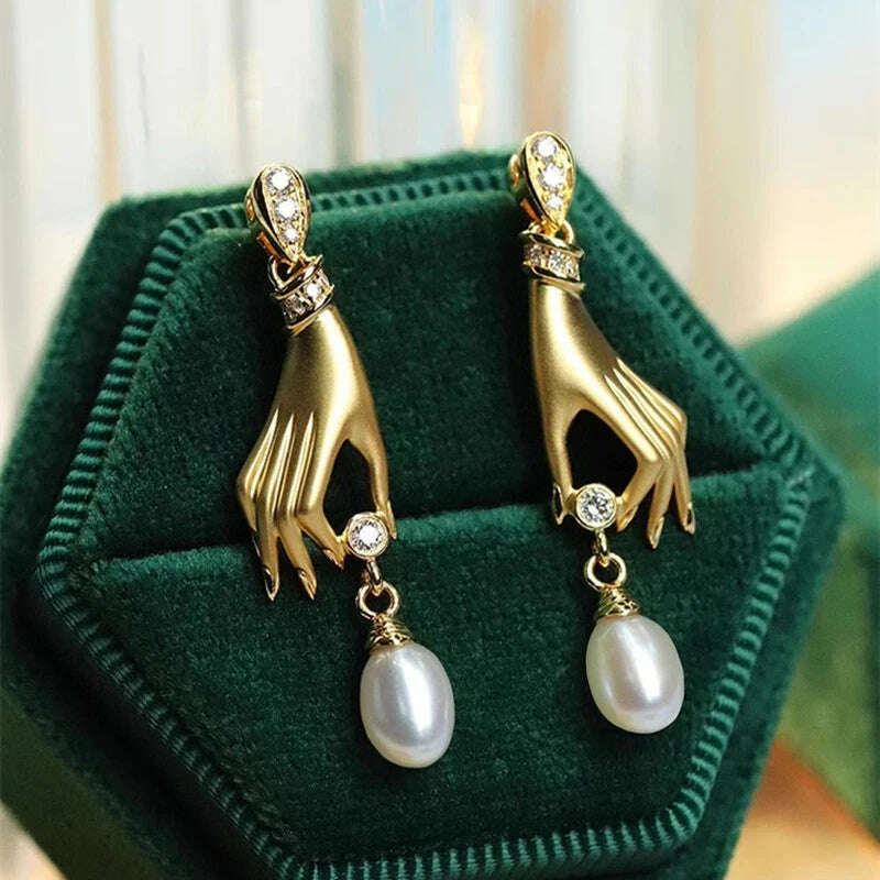 Huitan Novel Design Hand with Imitation Pearl Dangle Earrings for Women Hot Trendy Female Accessory Daily Wear Statement Jewelry - KIMLUD