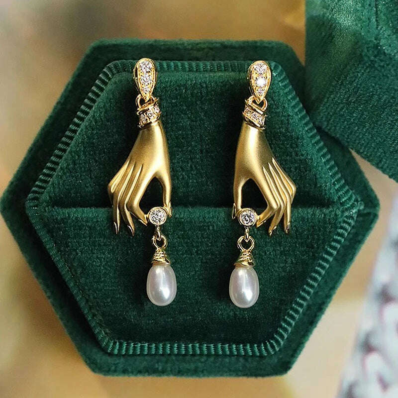 Huitan Novel Design Hand with Imitation Pearl Dangle Earrings for Women Hot Trendy Female Accessory Daily Wear Statement Jewelry - KIMLUD