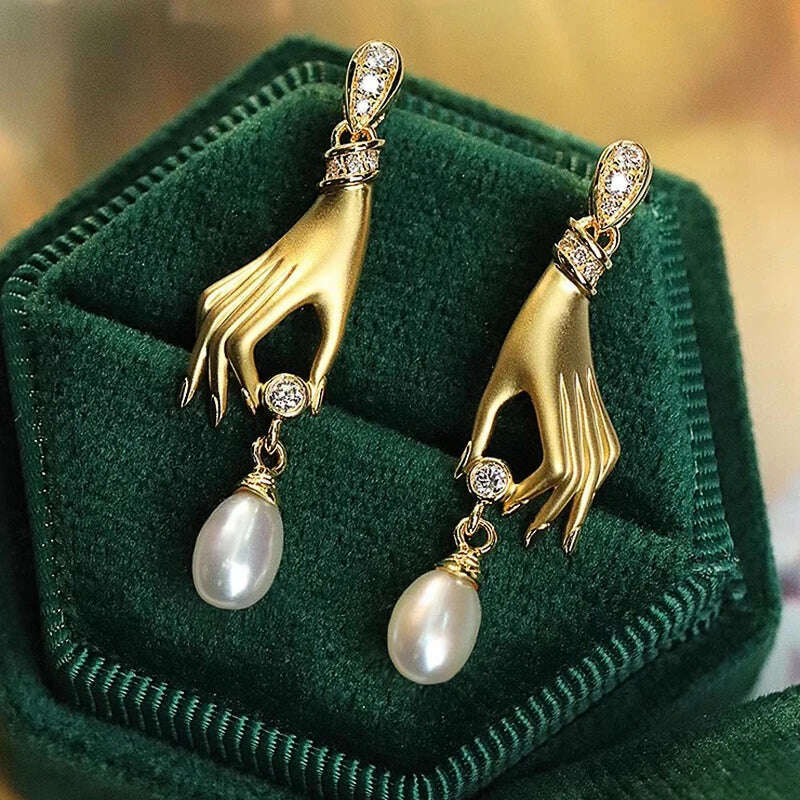 Huitan Novel Design Hand with Imitation Pearl Dangle Earrings for Women Hot Trendy Female Accessory Daily Wear Statement Jewelry - KIMLUD