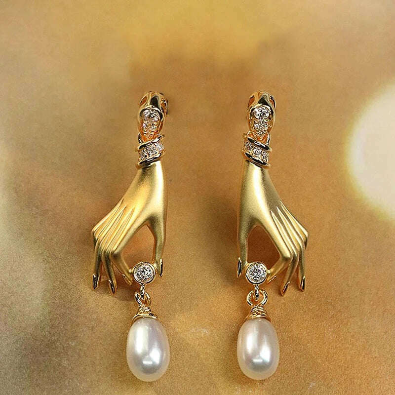 Huitan Novel Design Hand with Imitation Pearl Dangle Earrings for Women Hot Trendy Female Accessory Daily Wear Statement Jewelry - KIMLUD